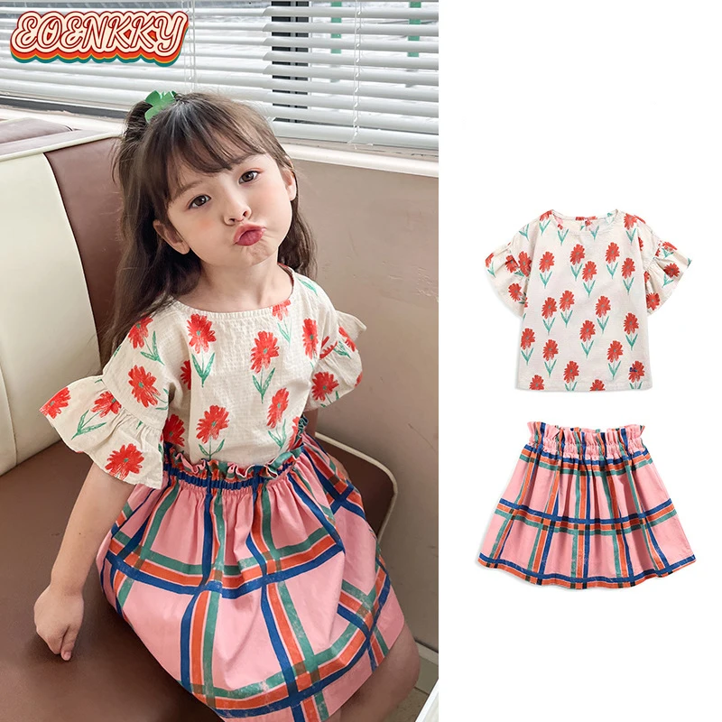 Клетчатая юбка комплекты для девочек BC свободные рубашки и блузки с вышивкой
