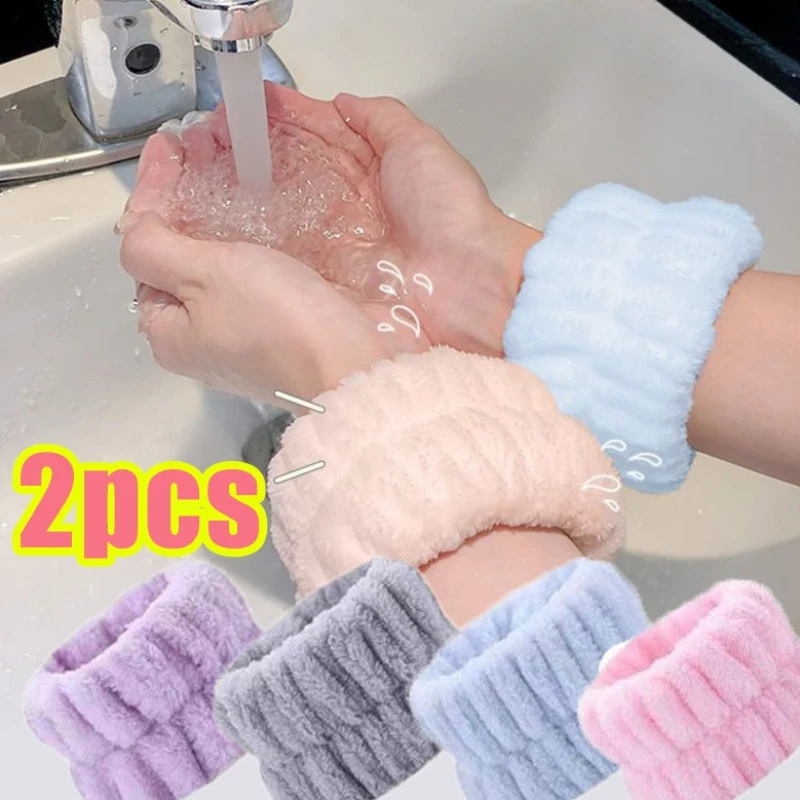 

2pcs Washing Face Wristband for Women Girls Reusable Soft Flannel Absorbent Wrist Strap Makeup Velvet Elastic Towels Accessories