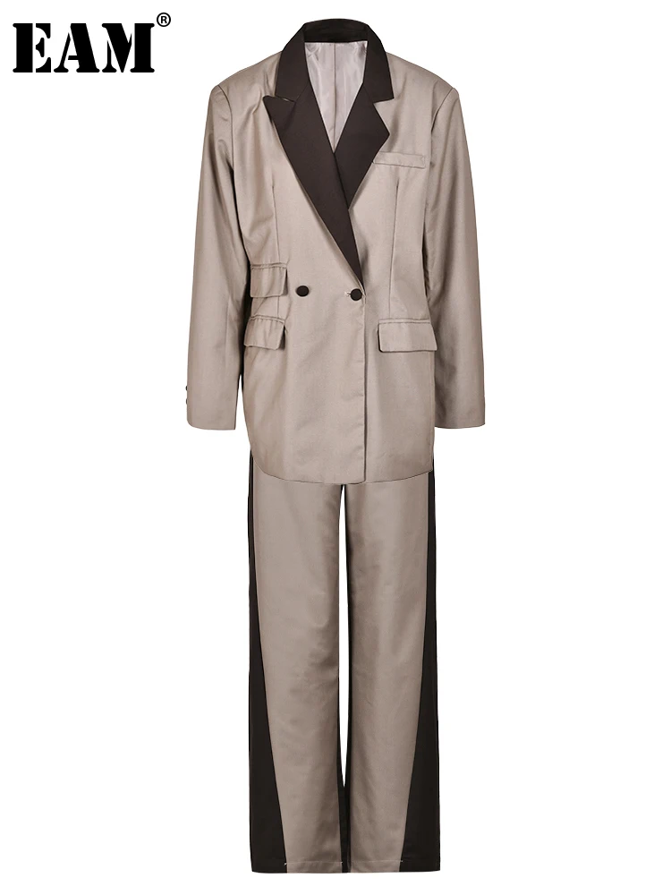 

[EAM] коричневый Блейзер большого размера, широкие брюки, костюм из двух предметов, новинка, с отворотом, с длинным рукавом, женская мода, весна-осень 2023, CP2121