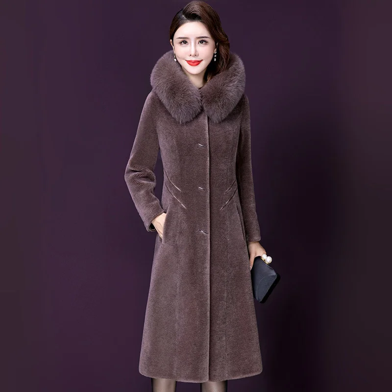 

Women Sheep Shearing Long Coat Winter 2023 Fashion Elegant Thicken Quilted Outerwear Hooded Fur Collar Wool Blends Tops Female