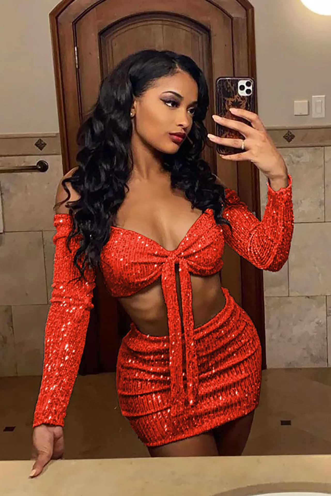 

Винтажный Блестящий женский костюм с блестками, сексуальный кроп-топ на шнуровке с открытыми плечами и мини-юбка, облегающие Клубные Вечерние наряды