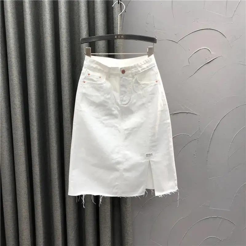 White casual half-length denim skirt women's 2022 new summer  high waist split A-line bag hip skirt trend  Solid  Cotton