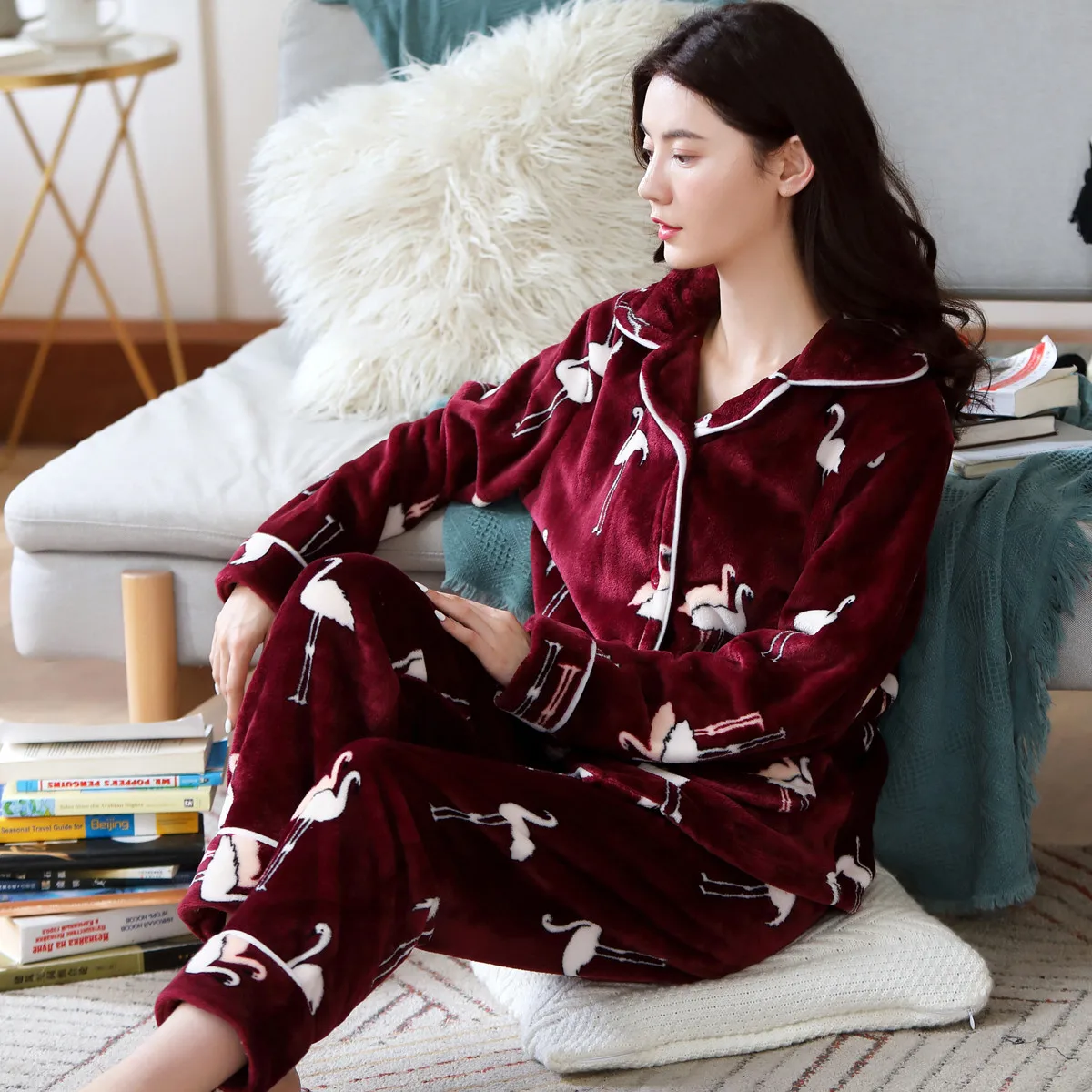 Flannel Pajamas Set Autumn Winter Thicken Birds Cartoon Women Long Sleeve Sleepwear Female Homewear Pyjama