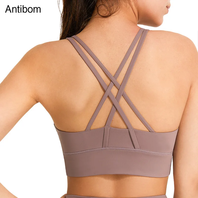 

Antibom Sports Women's Bra Fitness Gym Clothing Running Training Breathable Sexy Cross Back Crop Top Shockproof Padded Yoga Vest