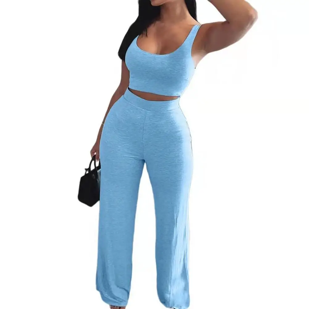 

Vest Solid Color 4 Colors Slim Ladies Solid Color Crop Top Flared Pants Set Pants for Daily Life