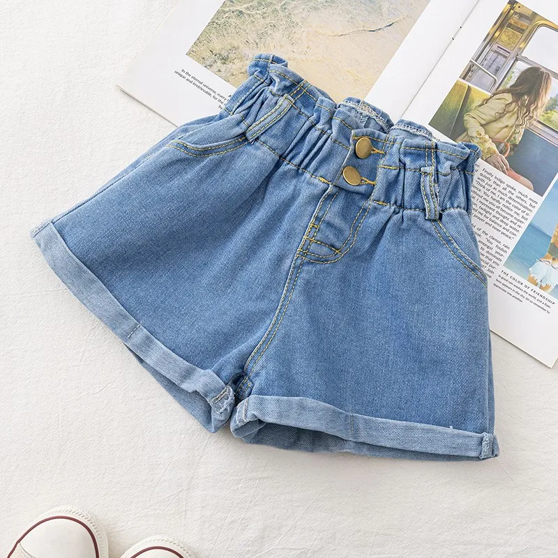 2023 Summer Denim Shorts for Girls High Waist Elastic Toddler Girls Teenage Children's Jeans Hem Fashion Blue White Kids Pant