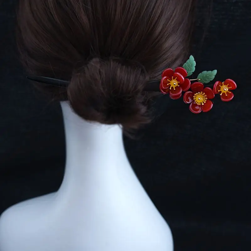 

Vintage Wooden Hair Stick Red Plum Hair Clips for Women Daily Wear
