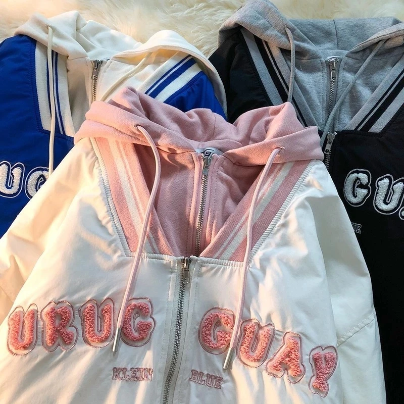 ColdYingan Japanese Cute Fake Two-piece Niche Design Zipper Hooded Loose Padded Jackets Winter Padded Down Jackets for Women