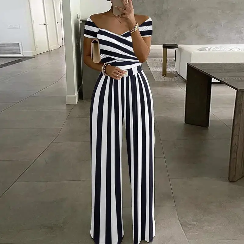 Elegant Women's Jumpsuits2023 Summer Sexy Off Shoulder V-Neck Print High Waist Pleated Straight Sleeve One Piece Garment S-XXXL