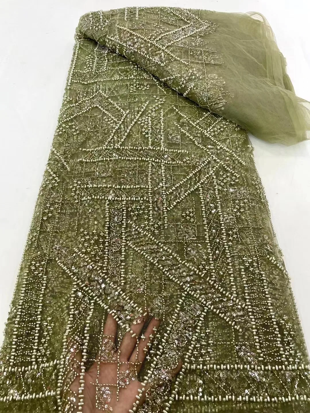 

2023 High Quality African Nigerian Beads Tulle Lace Fabric With Sequins Embroidery Sewing Net Cloth Prom Dresses WS08-90