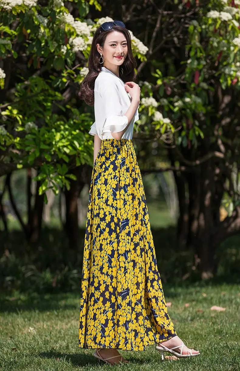 Женская длинная юбка с цветочным принтом шифоновая элегантная трапециевидная