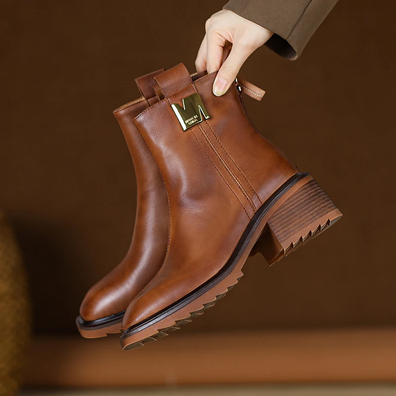 

Новинка Осень/Зима 2022, Винтажные ботинки Heihaian с квадратным носком и застежкой-молнией сзади, коричневые ботинки на толстом каблуке