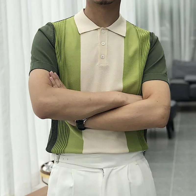 

2023 Summer New Patchwork Polo Shirt Breathable Lapel Collar Short Sleeve Slim Polo Shirt Men's Fashion Stripe Casual Tops Cloth