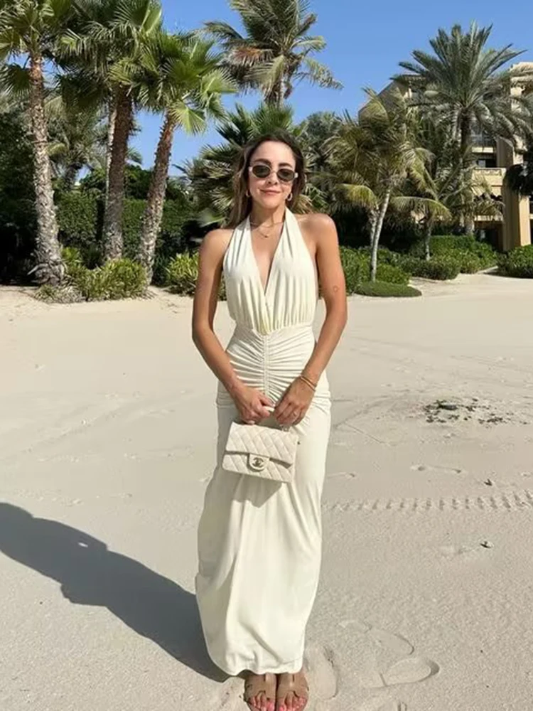 

Solid Casual Women Midi Dress Halter Sleeveless Backless Side Zipper Pleated Female Long Vestidos Vintage Fashion Ladies Dresses