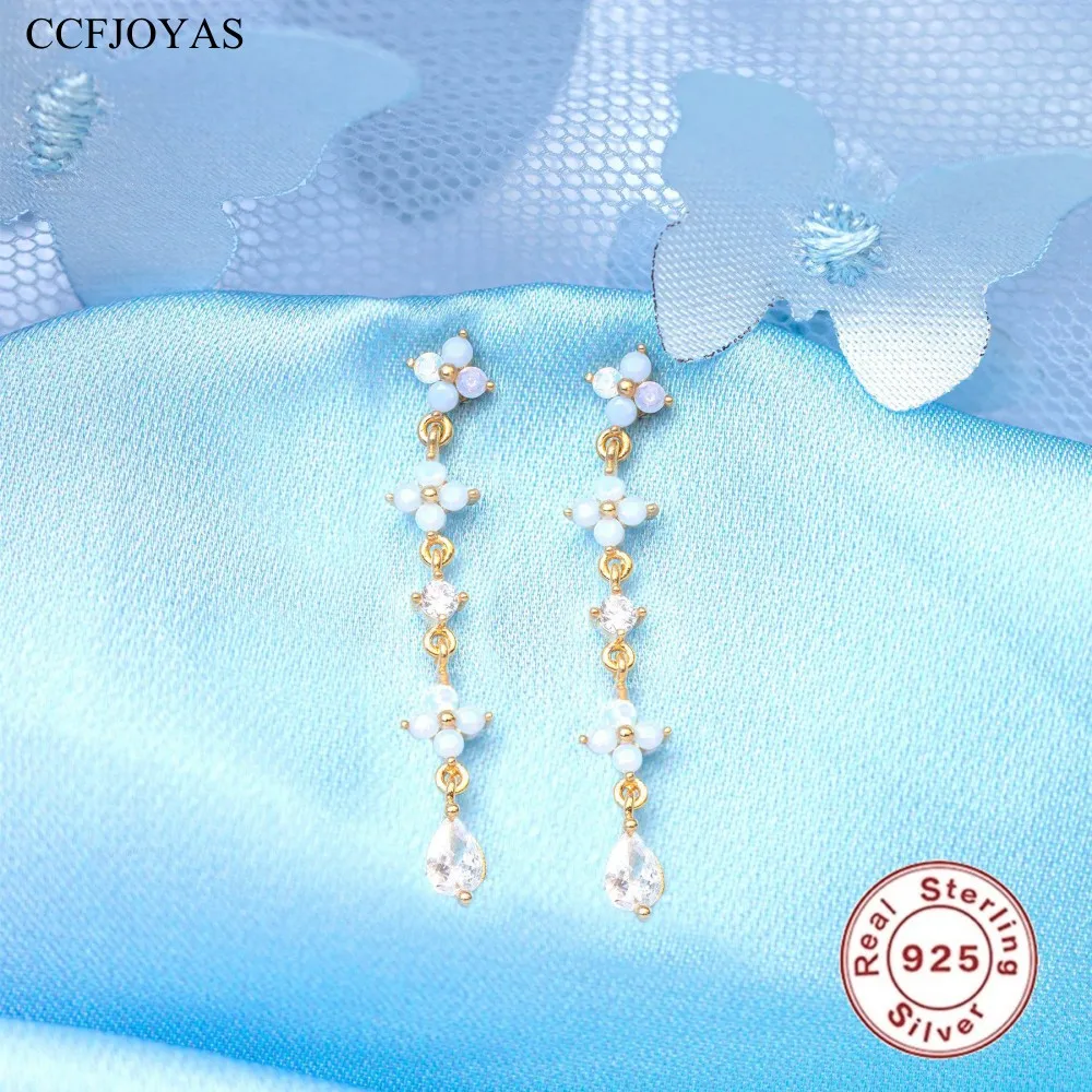 

CCFJOYAS 925 Sterling Silver Needle Blue Flower Long Stud Earrings for Women Light Luxury Tassel Chain Piercing Earrings Jewelry