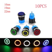 10pcs black metal push button switch 161922mm waterproof momentary led light metal switch with power mark 5v 12v 24v