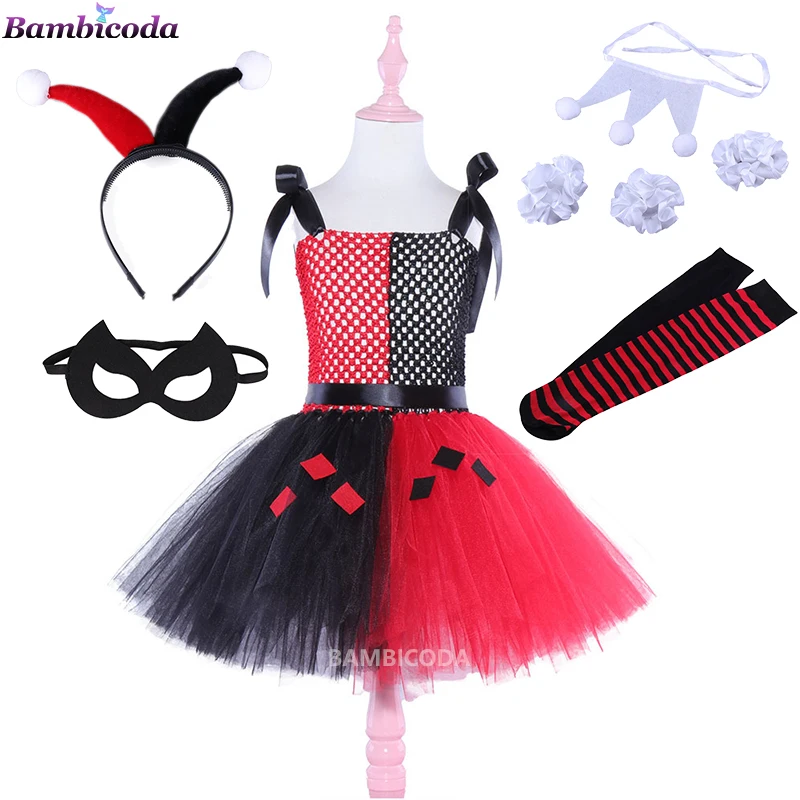 

2022 Girl Cruella Deville Tutu Dress for 101 Dalmatians Villain Halloween Costume Kids Vintage Polka Dots Cosplay Fancy Dresses