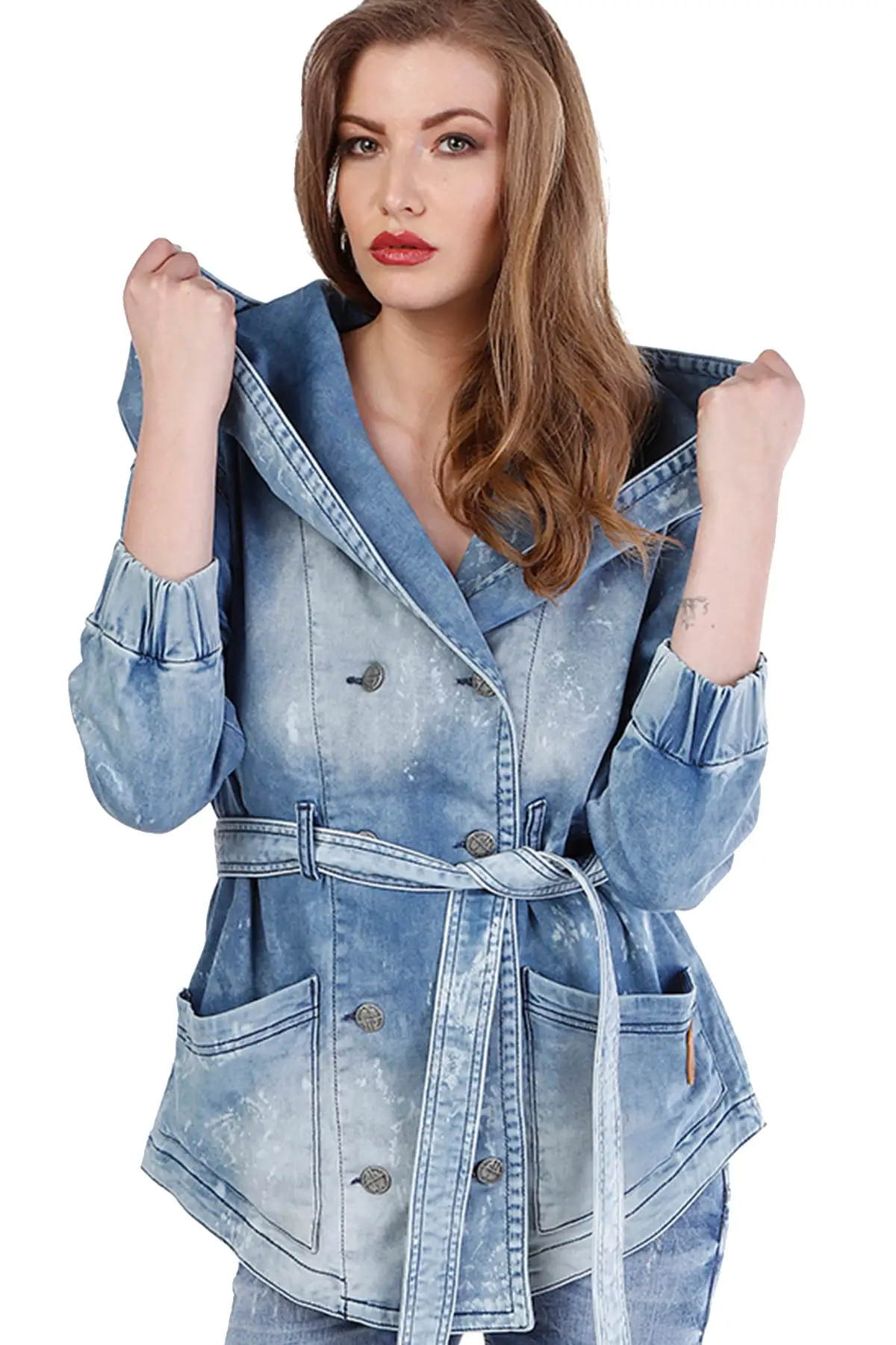 

Women's Fashion Denim Jacket Coat Blue Hooded Casual Worn Jeans Jacket