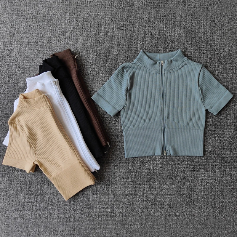 

Woman Short Sleeve Shirts Yoga Zipper Sports T Shirt Fitness Women's Gym Running Tops Workout Training Gym Tees