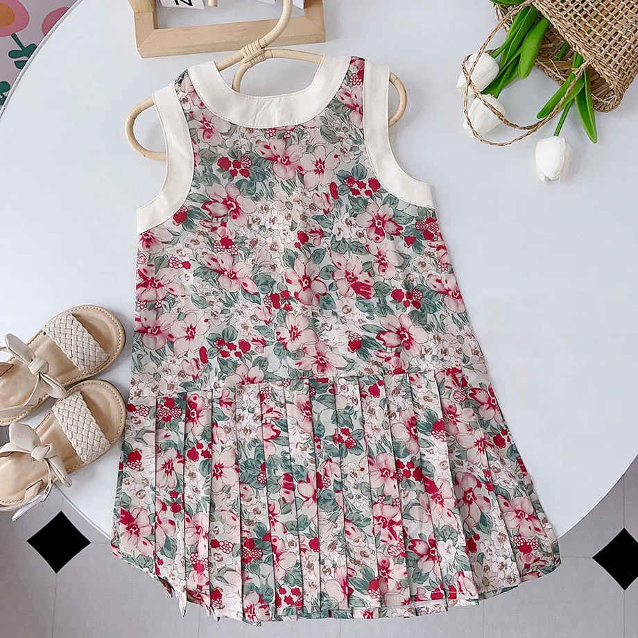 

Summer Girls Dresses For 3-7 Years Kids Clothing Flower Floral Print Sleeveless O-Neck Pleated Dress Vintage Children's Sundress