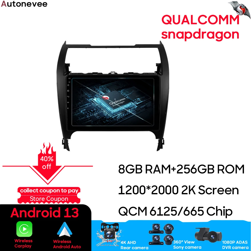 

Автомагнитола для Toyota Camry 7 XV 50 55 2012 - 2014 Qualcomm Snapdragon Carplay Android 13, мультимедийный плеер с GPS-навигацией, Wi-Fi