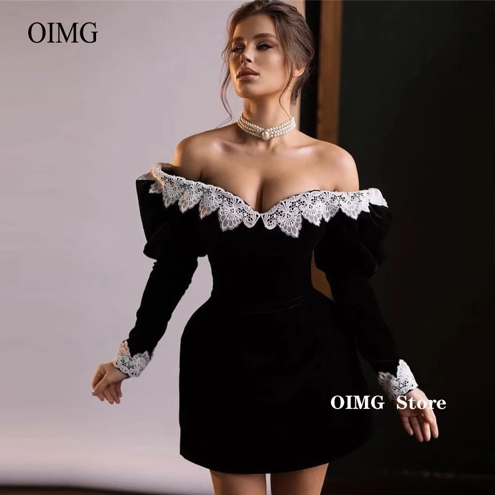 

Charming Off Shoulder Black Velvet Short Party Dresses White Lace Neck Puff Long Sleeves Arabia Women Formal Prom Gowns