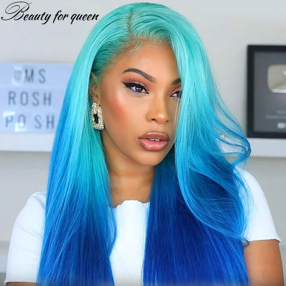 

150% Density Straight Blue Lace Front Human Hair Wigs With Baby Hair For Women Pre Plucked 4x4 Closure Wigs