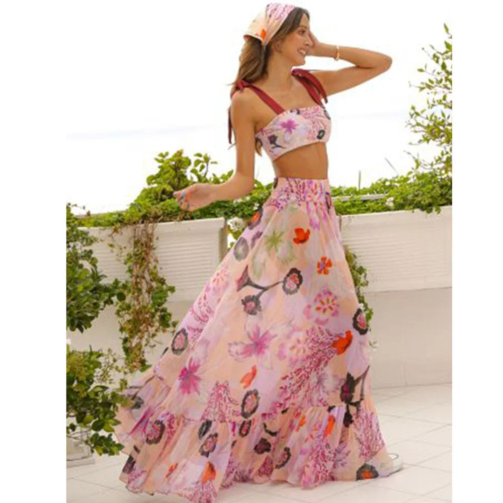 

Vintaga Swimsuit With Skirt High Waist Bikini Summer Lace Stripe Cutout Tight Beach Pink Women String Bathing Suits