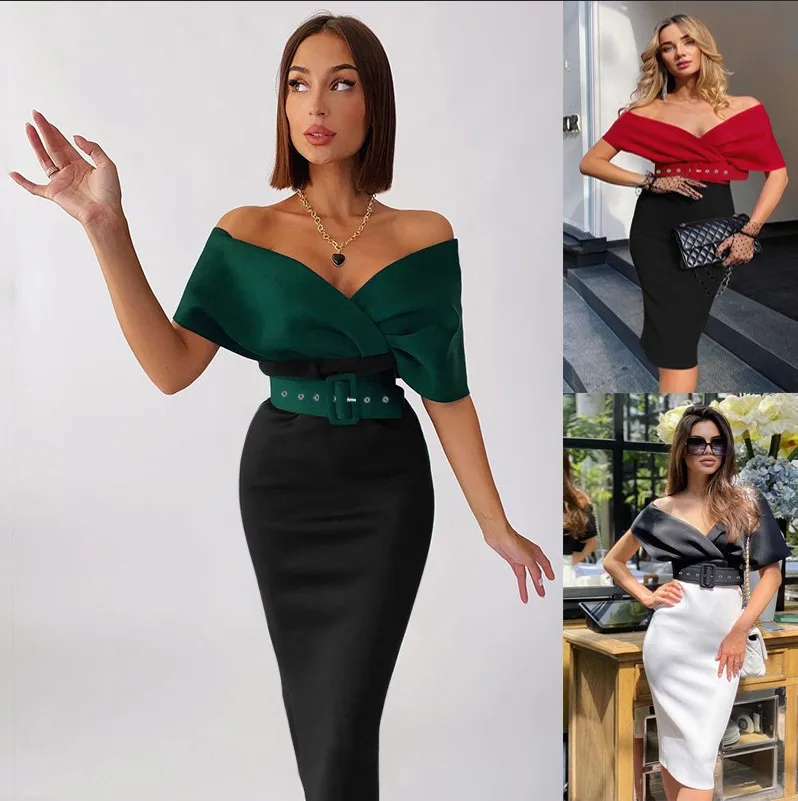 

2022 Spring and Summer Women's V-neck Off-the-shoulder Waist-contrast Workplace OL Dress Eam Dress