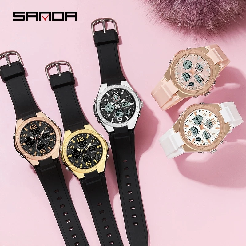 SANDA Sky Blue Watch for Women Analog-Digital Unisex Wristwatch 2023 Fashion Resin Bandwatch Men Watch Luminous Stop Watch 6062