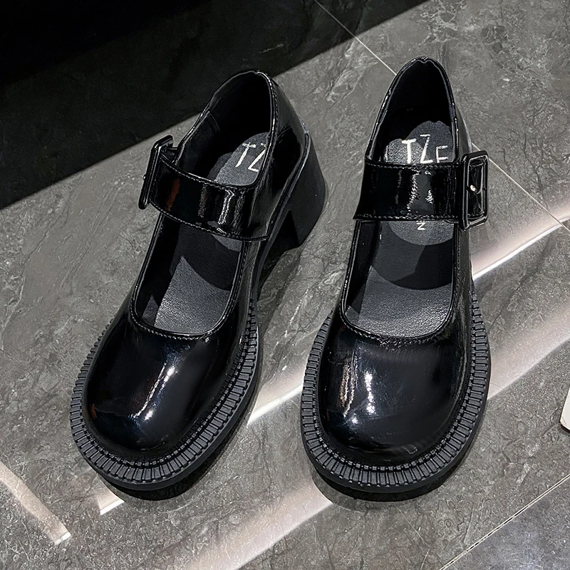 

Woman Mary Jane Shoes Chunky Heel Solod Color Ladies Pumps Square Toe Women High Heel Shoes Black Platform Shoes