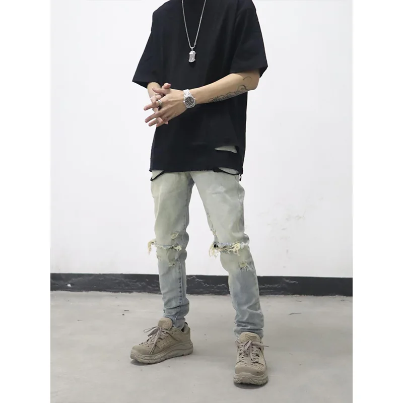 Mens Jeans Slim Fit Retro Light Blue Washed Streetwear Men Summer Fashion Denim Pants Full Length Ripped Jeans