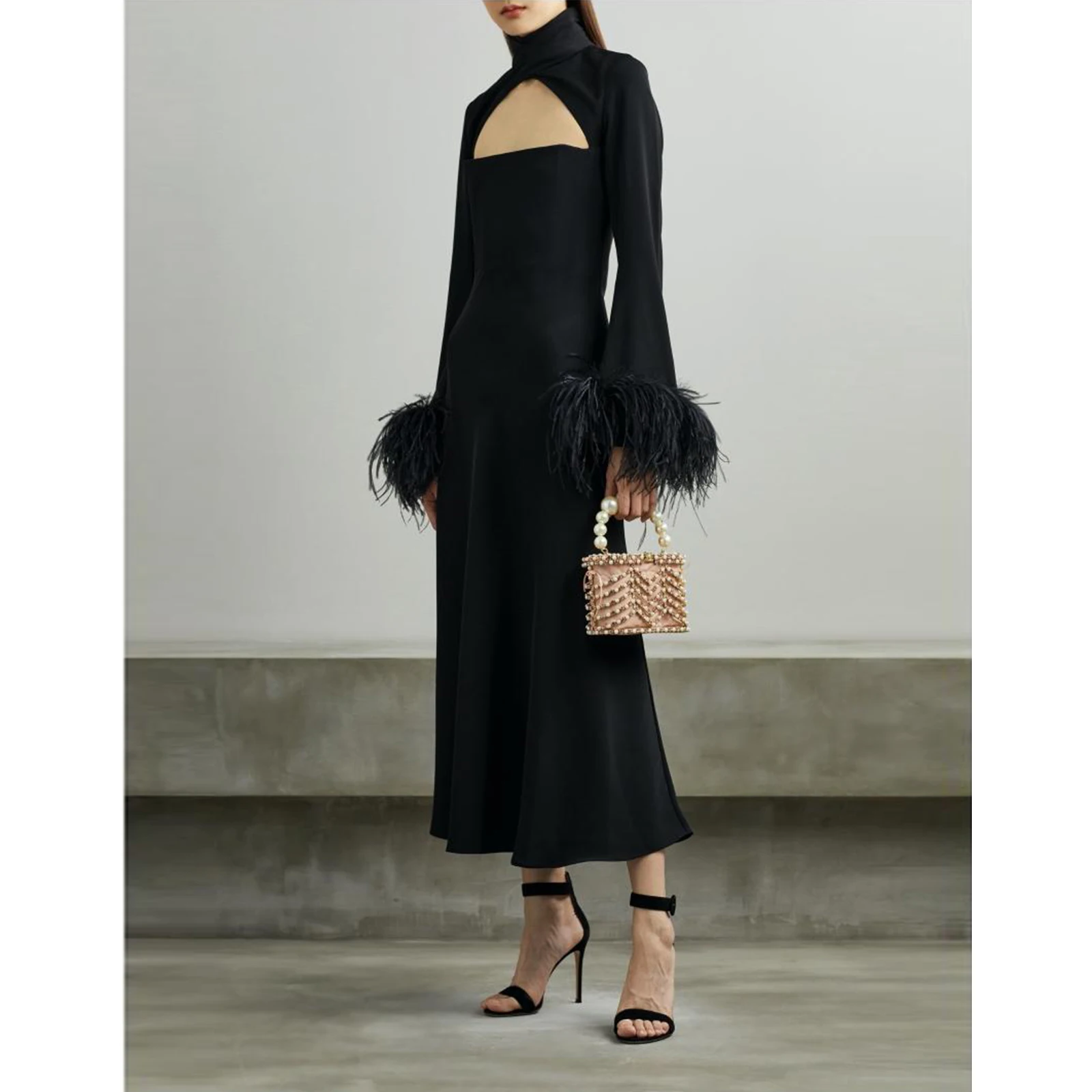 

EOS Customized Women Black Ostrich Feather Trimmed Sleeve Cut-out Black Midi Party Dress High Quality Evening Wedding