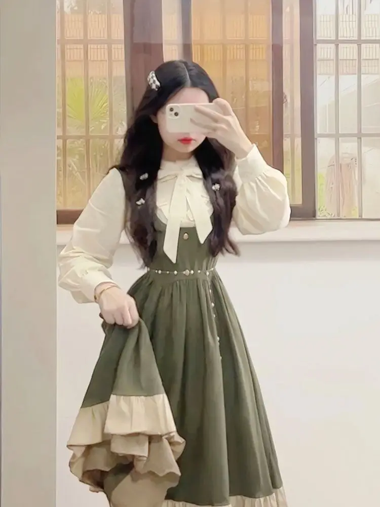 Фото 2025 Новое японское корейское платье Kawaii Preppy Lolita с дизайном на бретелях + модная студенческая милая рубашка с галстуком-бабочкой, комплекты из двух предметов №1