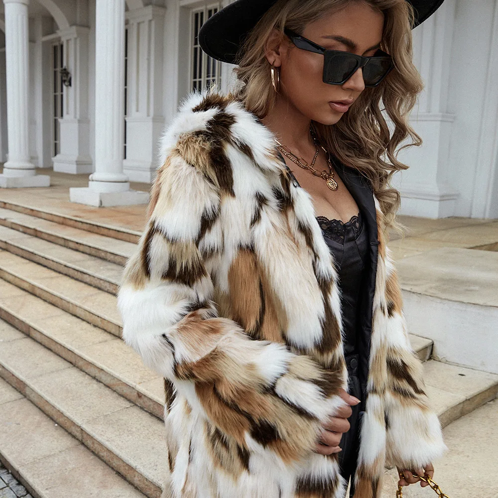 Women's Leather Fur Coat Mid-Length Autumn and Winter Contrast Color Hooded Faux Fur Coat Female Faux Fur Coat