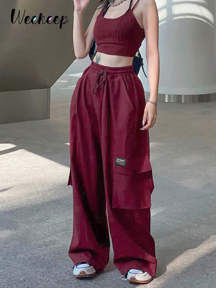 Weekeep/красные мешковатые брюки-карго с завязками и эластичной высокой талией