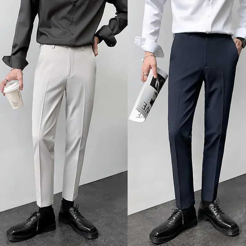 

New Design Men Trousers Ankle Length Solid England Business Casual Suit Pants Straight Slim Fit Bottoms Male Clothing H215