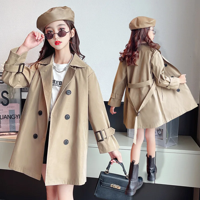 

4-13Y Teen Girls Long Trench Coats 2022 New Fashion England Style Windbreaker Jacket For Girls Spring Autumn Children's Clothing