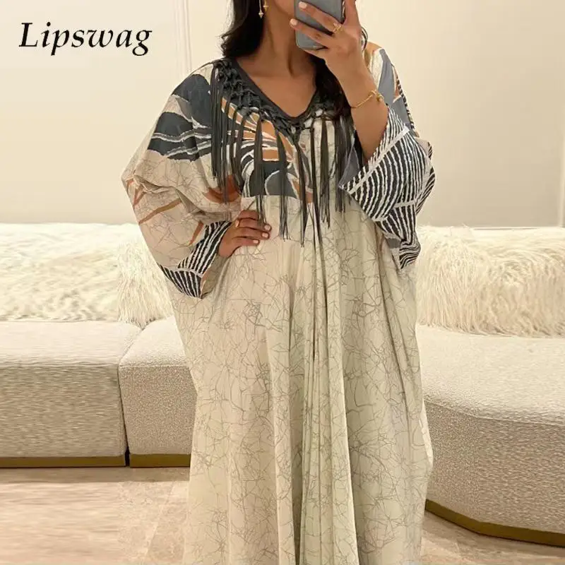 

Женское винтажное платье с длинным рукавом, свободное платье макси с V-образным вырезом и принтом, Повседневное платье-пуловер свободного п...