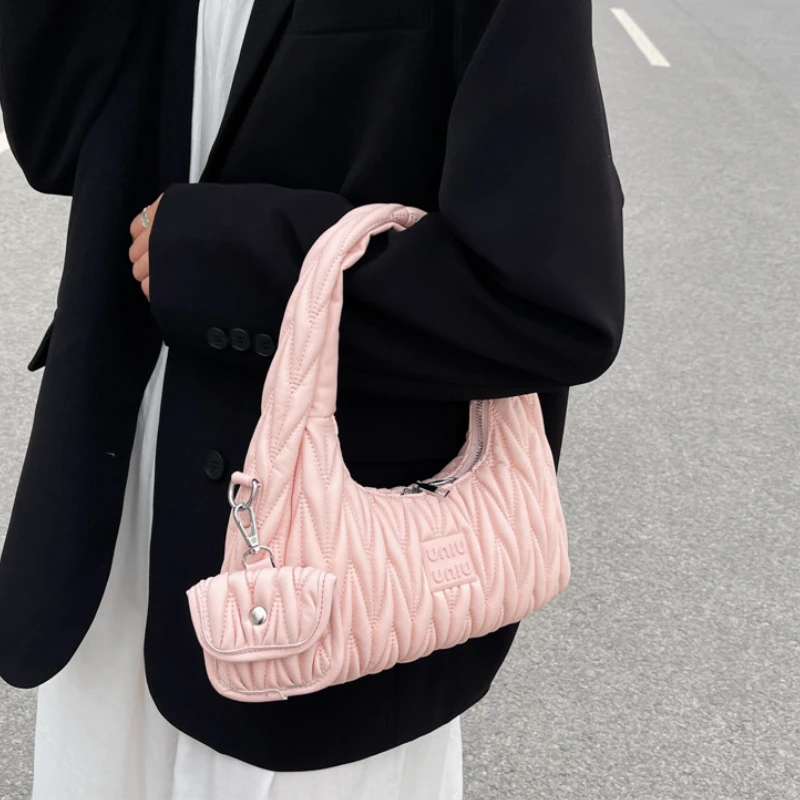 

MBTI 2023 Summer Pink Womens Top-handle Bag Hobos Korean Style Solid Color Shoulder Bag Cloud Original Youth Female Handbag New