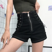 streetwear blackblue punk high waist pencil shorts women zipper short feminino side criss cross lace up summer shorts