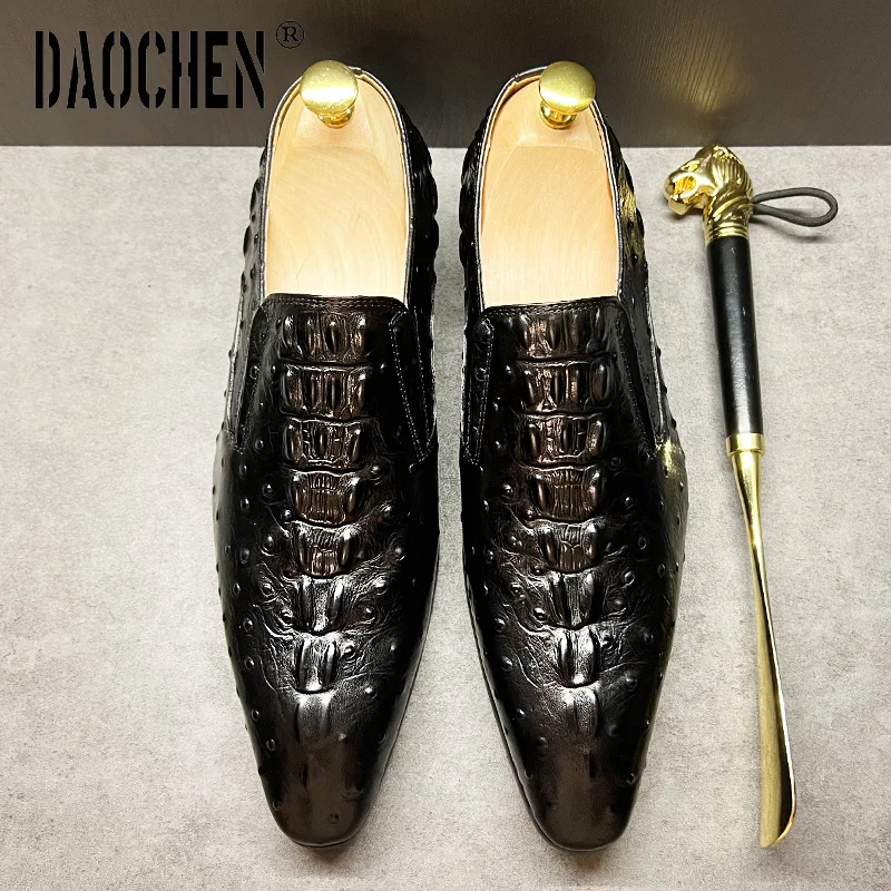 Luxury Brand Men Leather Shoes Black Burgundy Crocodile Prints Pointed Toe Casual Mens Dress Shoes Slip on Loafers Shoes For Men
