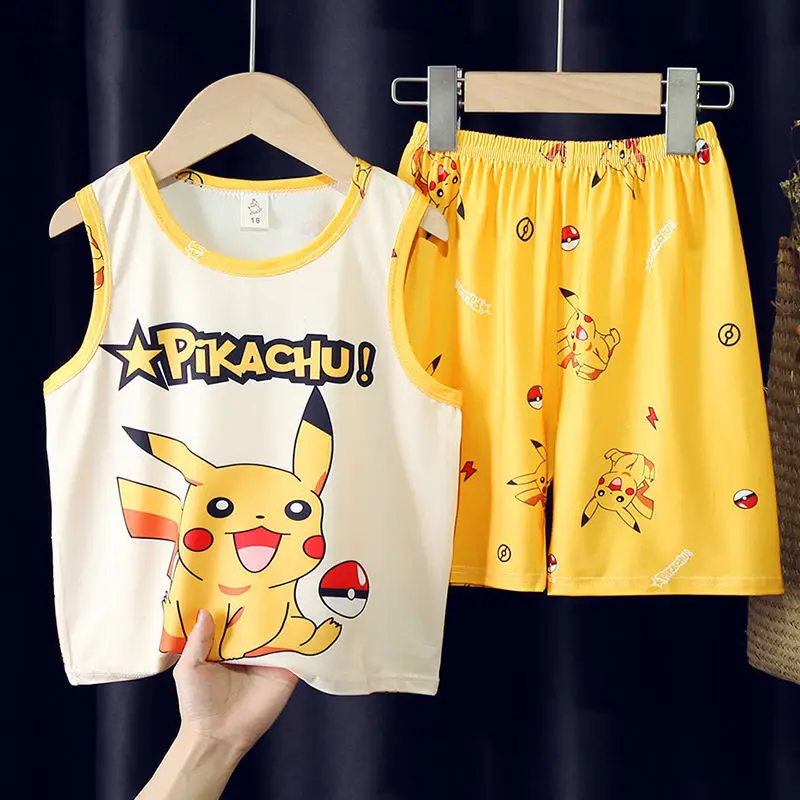 

Pokemon Pajama Set for Kids Summer Thin Anime Figure Pikachu Tank Top Shorts Cute Cartoon Loungewear Suit Boys Girls Gifts