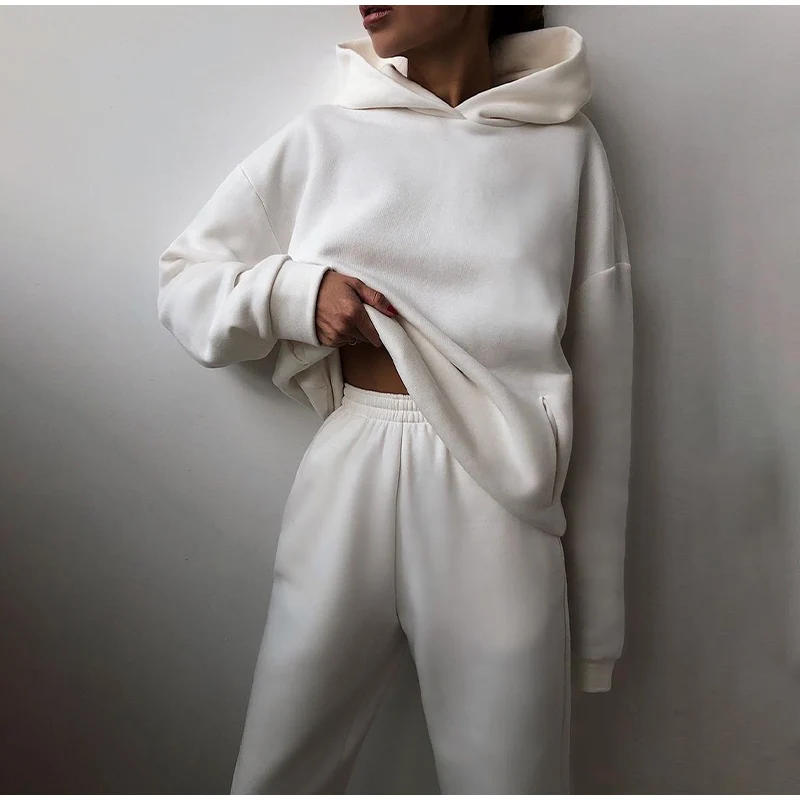 2 Piece Set Suits Winter Solid Women Fleece-lined Warm Elegant Tracksuit Hoodies Oversized Pullover Sweatshirt Pants Sportwea