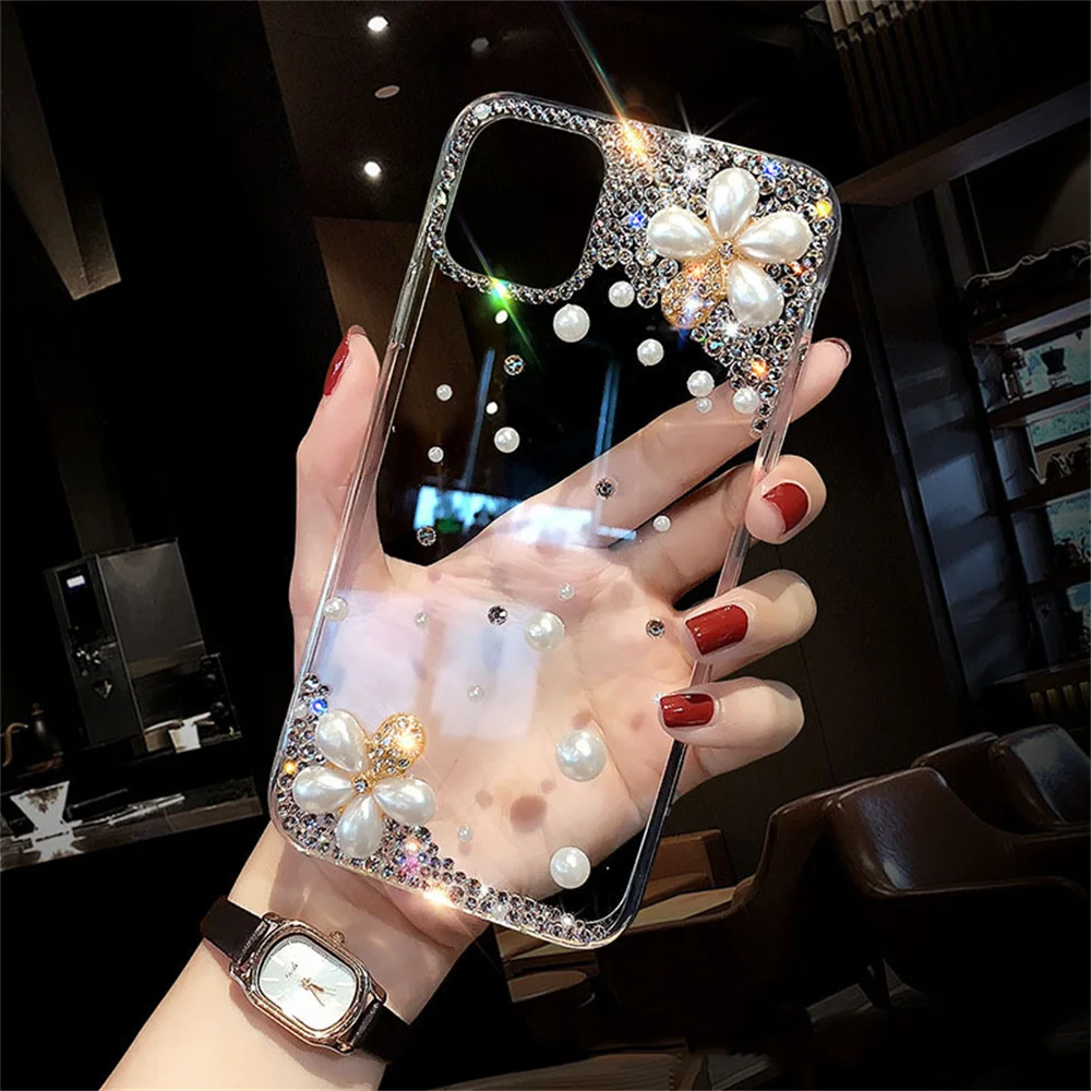 

Water Diamond Pearl Flower Protective Case Apple 14/13 Phone Case iphone12 Transparent Creative Silicone Case