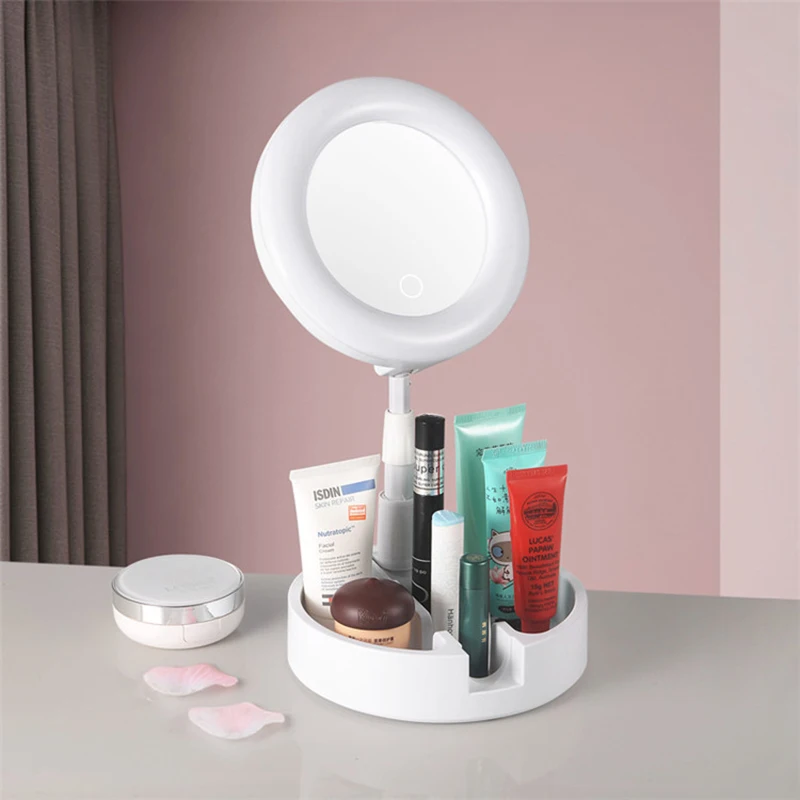 

LED Makeup Mirrors Cold and Warm Light Dimming Storage Box Beauty Princess Mirror Desktop Storage Espejo House Decoration