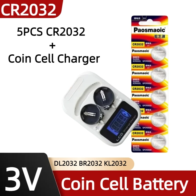 

5PCS CR2032 +Coin Charger Rechargeable Battery Charger LIR2032 3V Coin Cell,USB Interface, LED Charging Display screwdriver free