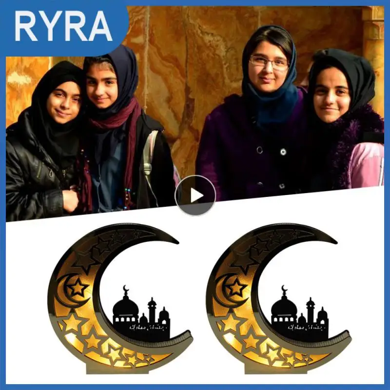 

Wooden Eid Mubarak Mirror Golden Moon Castle Hollow Letters With LED Lights Dining Table Decoration