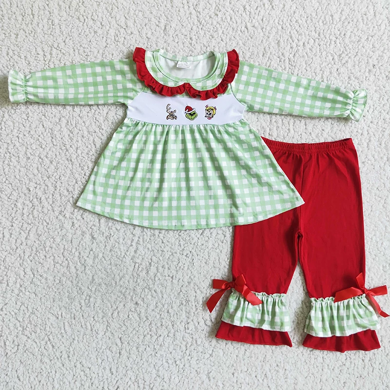 Kinder Weihnachten Lebkuchen Baby Mädchen Kleidung Stickerei Baumwolle Set Plaid Rüschen Hosen Großhandel Kinder Outfit Kleinkind Pyjamas