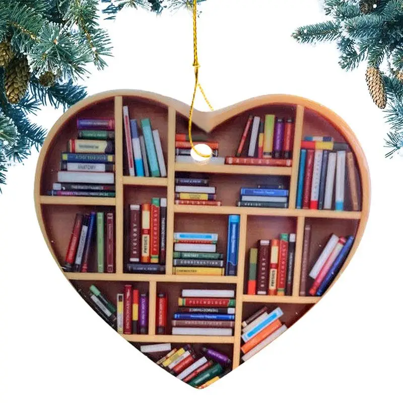 Christmas Bookshelf Ornaments Wooden Material Book Lover Material Book Lover Festival Hanging Heart Shape Decor For Libraries